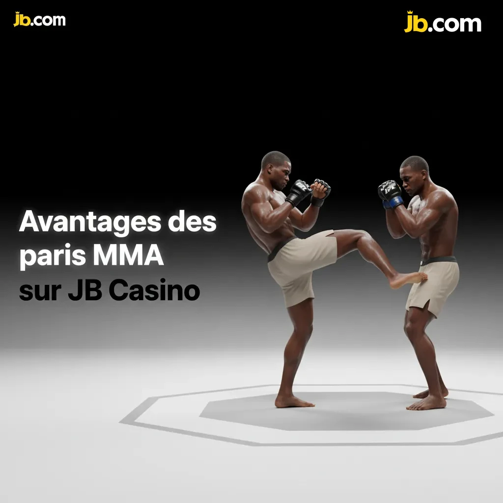 Infographie des avantages des paris MMA sur JB Casino: marchés dédiés, cotes live, Cash Out, stats, combinés, aide FR.