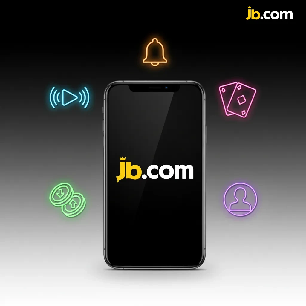 Smartphone affichant l’app JB Casino: paris en direct, casino, dépôts Mobile Money en FCFA, Cash Out et notifications.