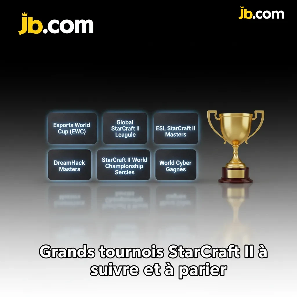 Affiche des grands tournois StarCraft II (EWC, GSL, ESL, IEM, TSL, WTL) avec cotes et calendrier pour parier live.