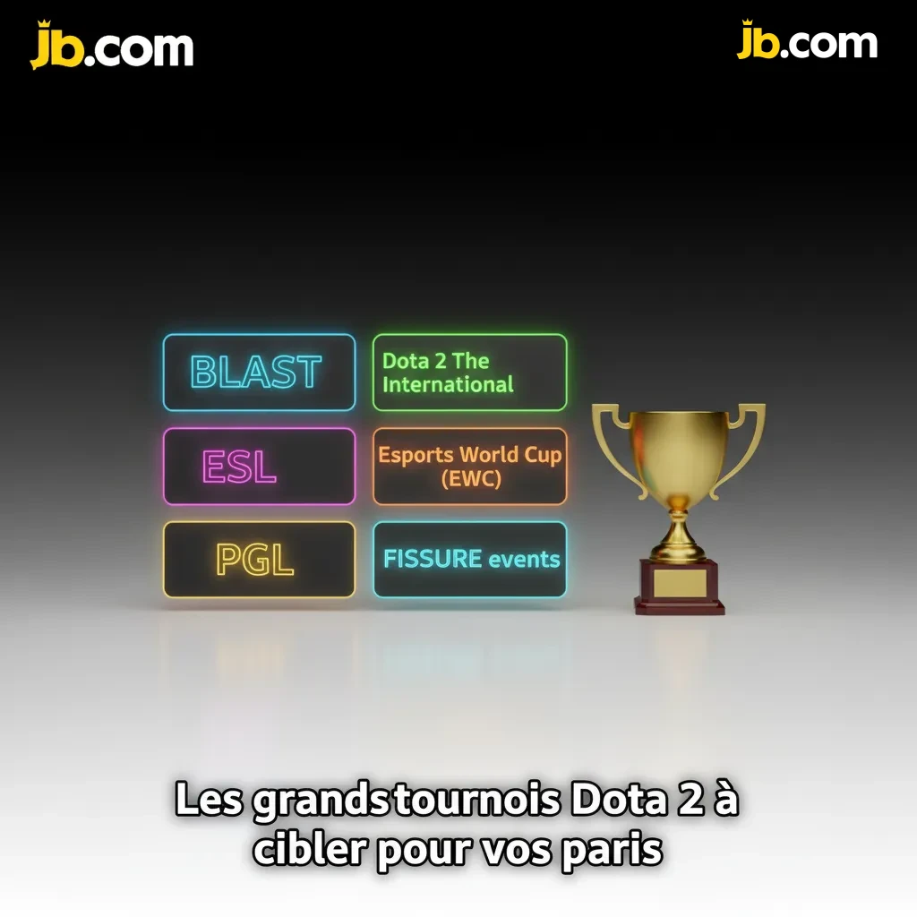 Logos des grands tournois Dota 2 pour parier: TI, BLAST, ESL, EWC, PGL, FISSURE, action toute l’année.