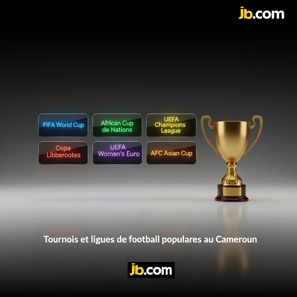 Infographie des tournois de foot suivis au Cameroun: Mondial, UEFA, CAF/CAN, Elite 1/2, avec marchés 1X2, Plus/Moins, live.