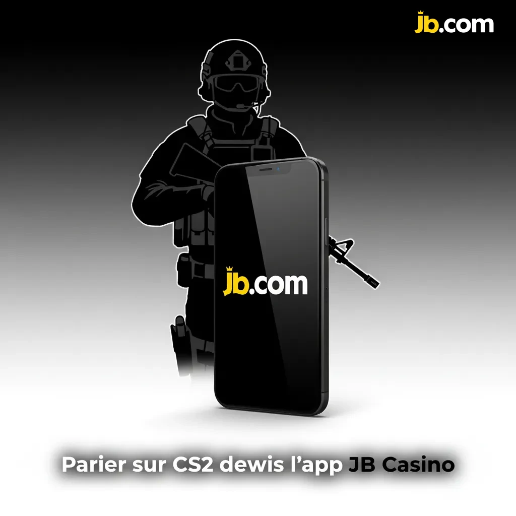 Écran mobile montrant l’app JB Casino: paris CS2, cotes en direct, cashout, sélection au coupon et mise en FCFA.