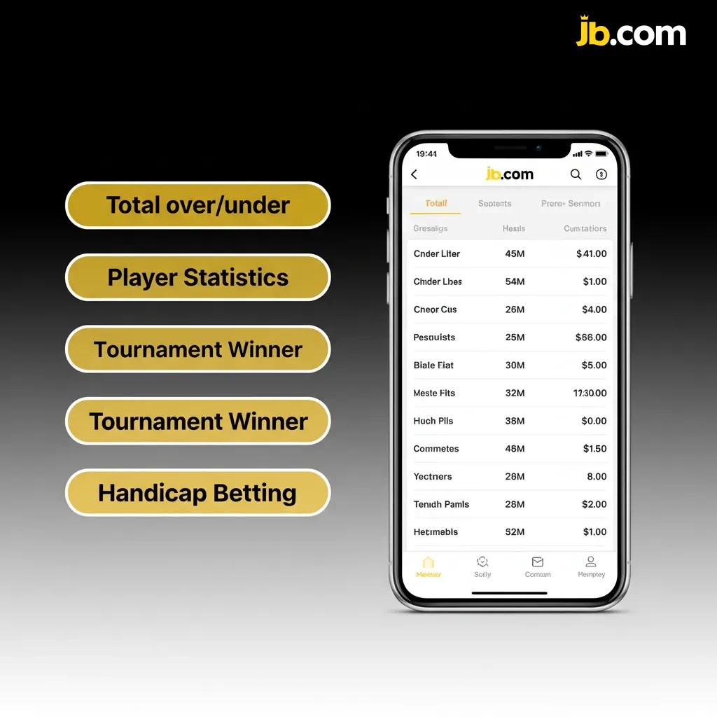 Écran de l’app JB Casino montrant les types de paris: simple, combiné, système, handicap asiatique, plus/moins.